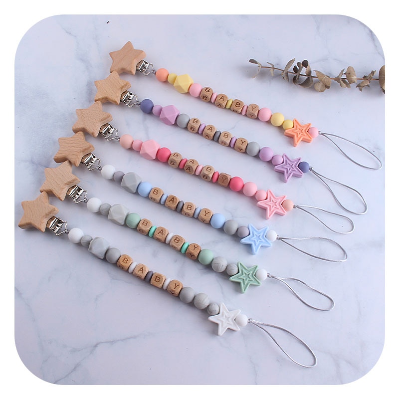 Personalized Name Five-pointed Star Pacifier Clips Nipple Holder Chain Silicone Teething Toys Pacifier chain Shower Chew Gift