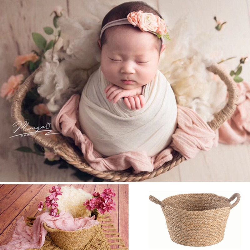 Neonatal Photography Props Natural Linen Woven Double Barrel Bed Studio Baby Container Pose Sofa Handwoven Basket Men and Women