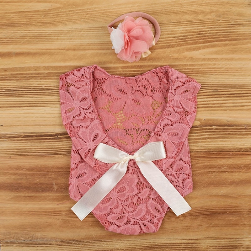 Baby Bow Lace Romper Headband Set Newborn Photography Props Bodysuit Jumpsuit with Flower Hair Band Costume
