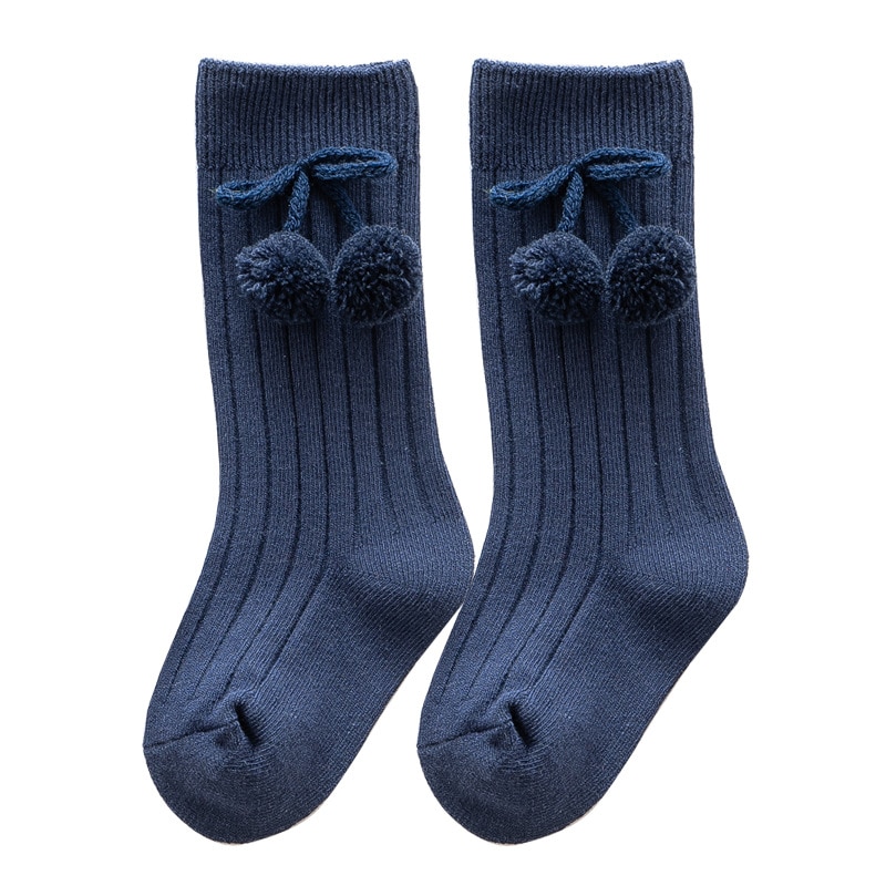 2023 Double Needle Ball Baby Knee High Socks with Loose Cuffs and Pit Stripes for Boy Girls Children Fuzzy Balls Butterfly Knots