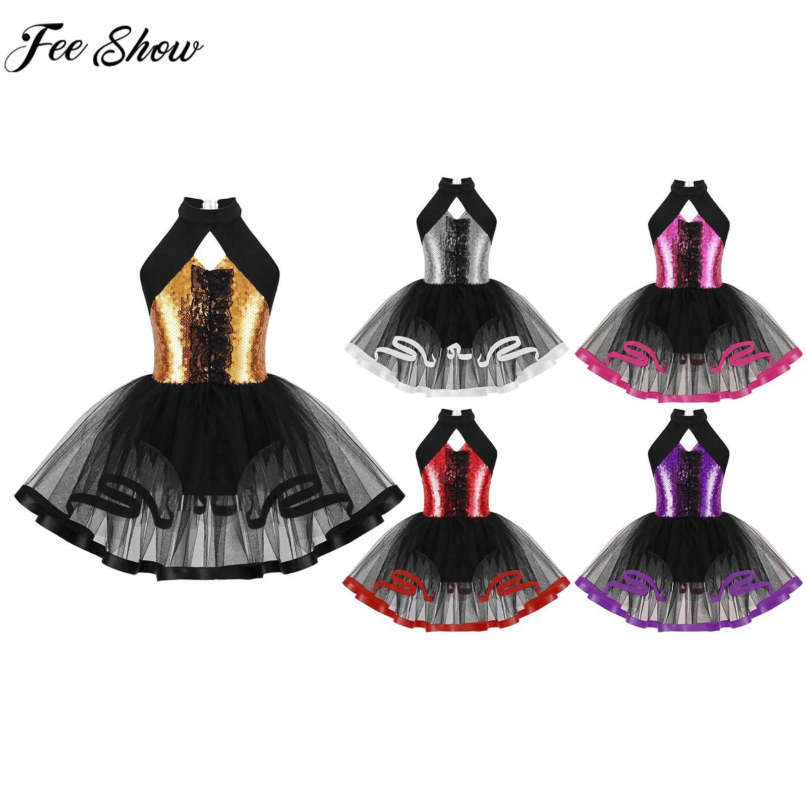 Children Girls Ballet Tutu Sleeveless Shiny Sequin Mesh Dance Gymnastics Leotard Dress Party Stage Performance Clothes Dancewear