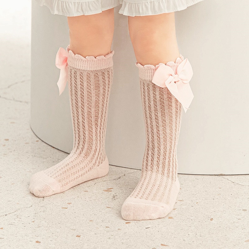 Summer Kids Knee High Socks Baby Girls Boys Bow Long Sock Soft Cotton Mesh Breathable Children Hollow Out Socken for 0-3 Years