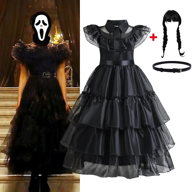 Wednesday Costume Girl Cosplay Dress Kids Movie Wednesday Cosplay Black Gothic Dress Girls Halloween Carnival Party Costumes