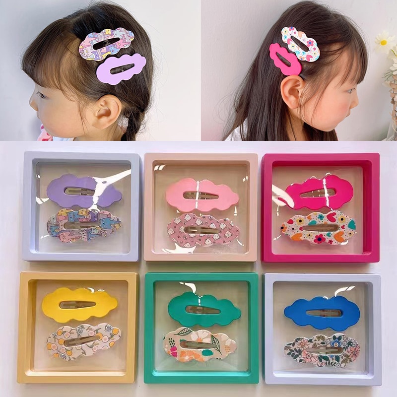 2 Pcs Hairpin BB Clip With Candy Color Box Cute Cartoon Printed Hairpins Sweet Girl Princess Hair Accessories