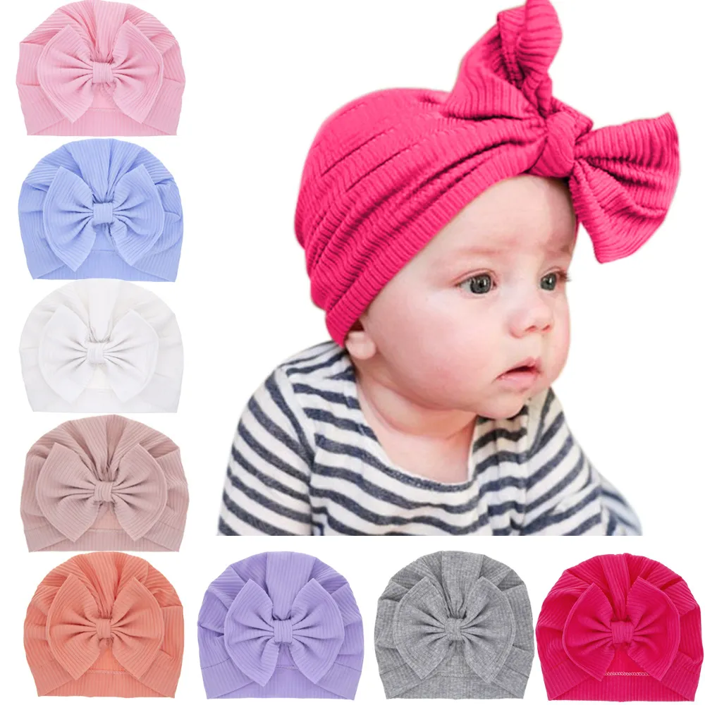 Baby Accessories For Newborn Infant Solid Cotton Big Bow Beanie Hat Baby Kids Headbands Soft Turban Children Headwear