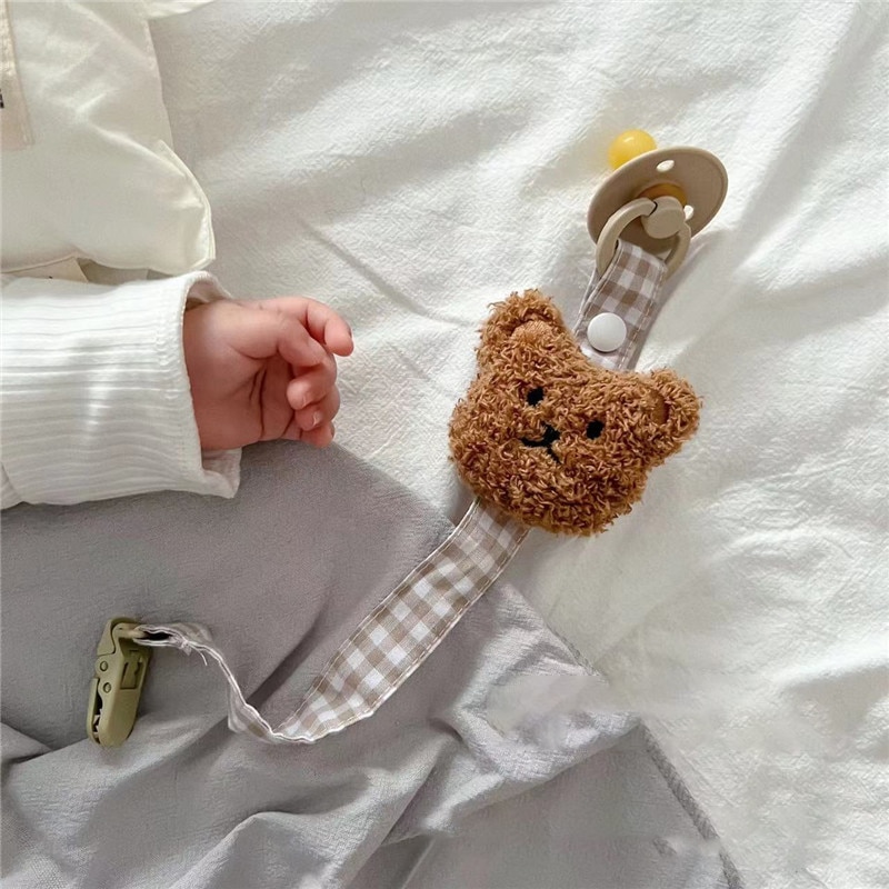 Kawaii Nipple Anti-drop Dummy Holder Cute Cartoon Bear Plaid Baby Pacifier Clip Chain for Toddler Boy Girl Newborn Accessories