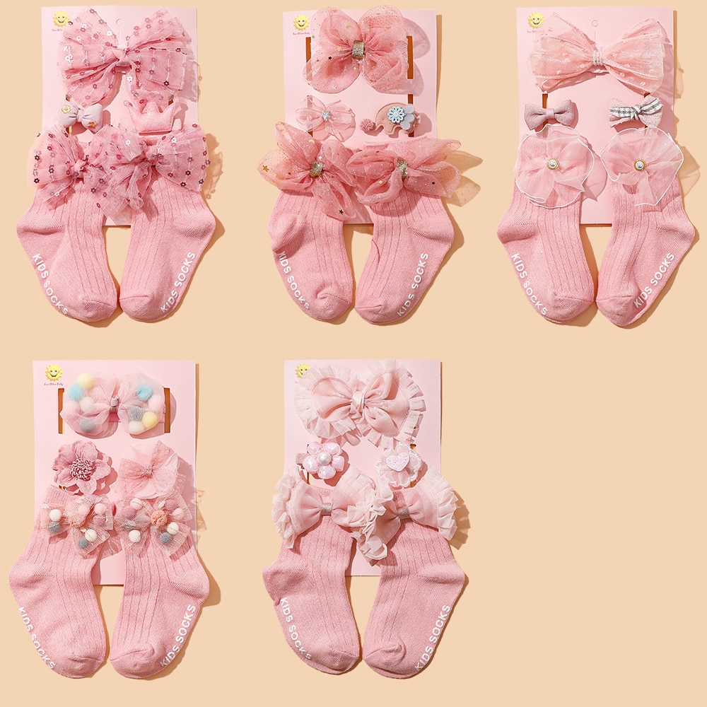 3Pcs/Set Cute Princess Socks Plus Two Hair Clips and a Baby Headband Suit For Newborn Girls Headwear Kids Hair Accessories