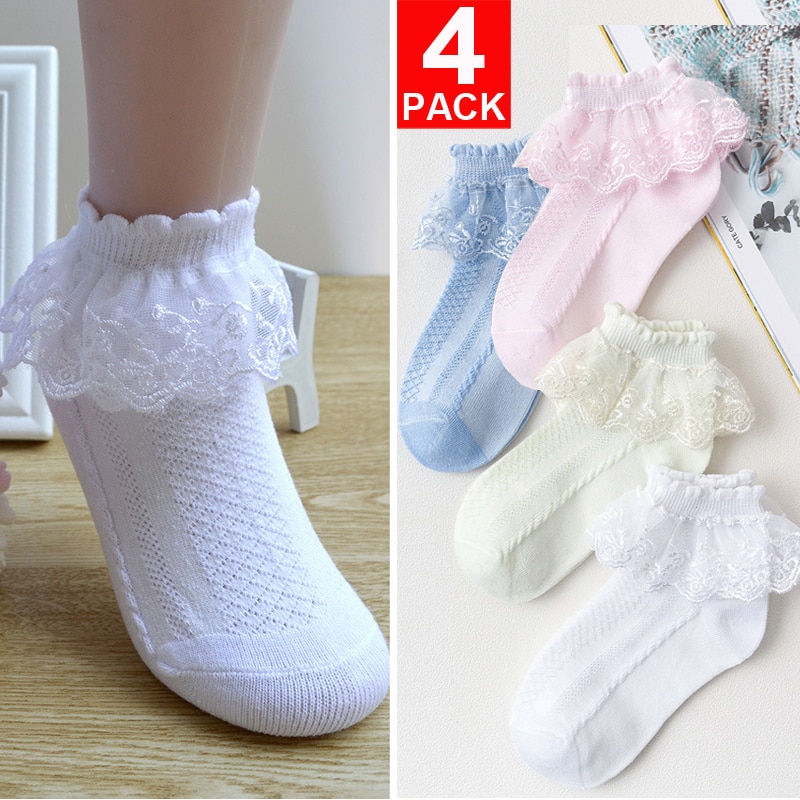 4 PAIRS Baby Girls Princess Ankle Socks Lot Cute Kids Lace Ruffle Frilly Wedding Dance School Cotton Socks