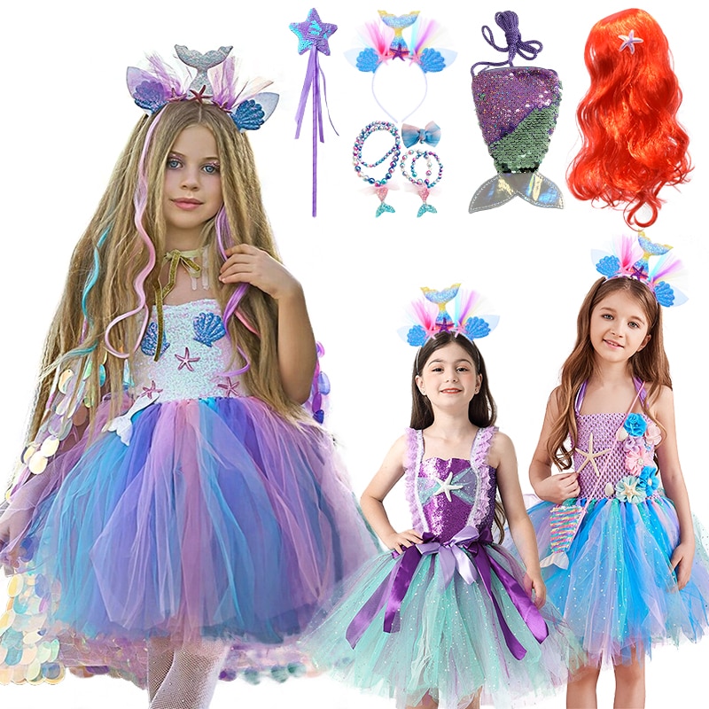 Summer Girls Rainbow Mermaid Costume Beach Flowers Halloween Kids Shoulderless Colorful Ariel Princess Birthday Party Dress Up