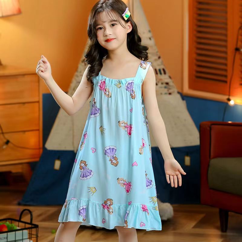 Summer Girls Nightgowns Pajamas Kids Sleeveless Nightdress Cute Children Home Clothes Baby Sleeping Night Dress 8 10 12 14 16Yrs