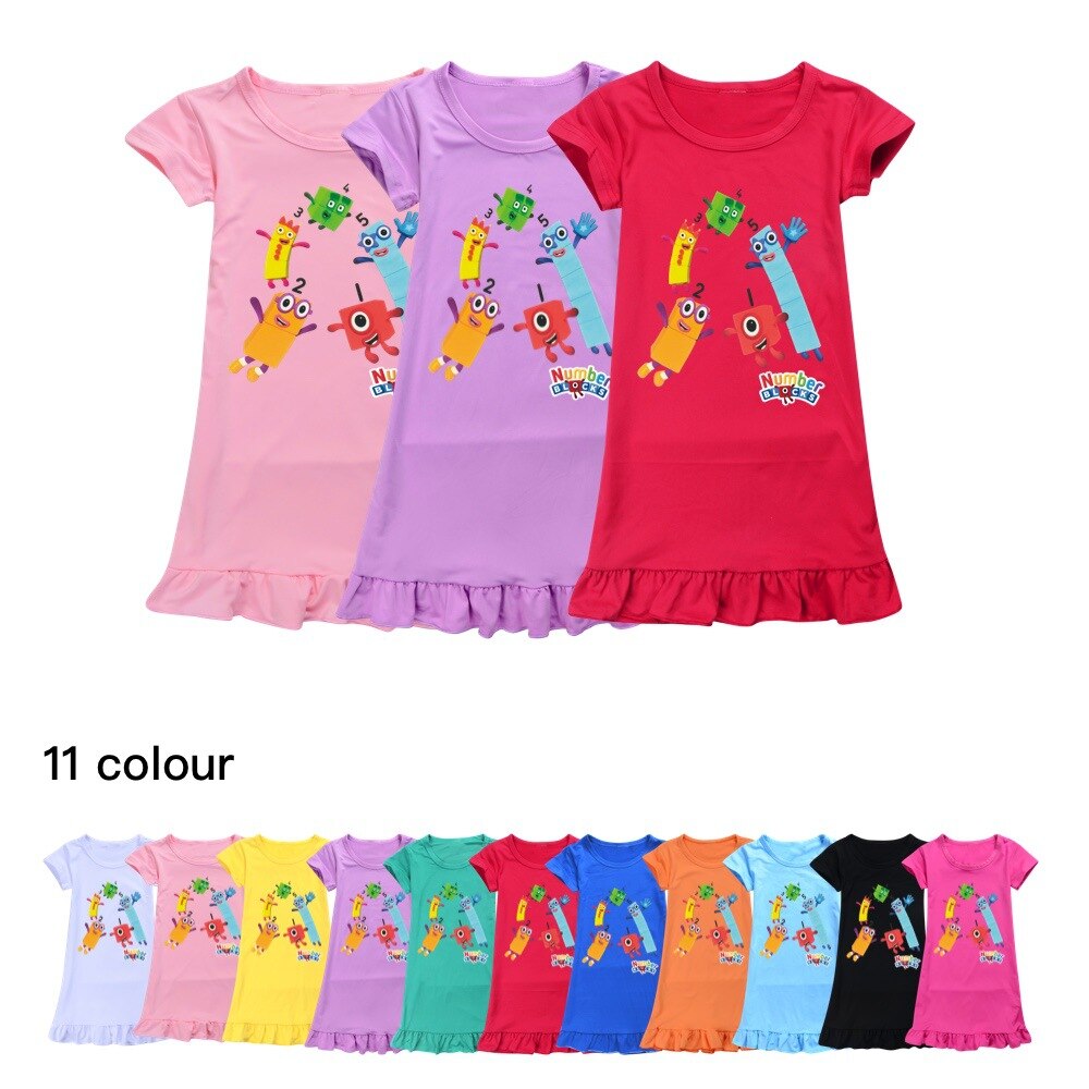 Movie TV Series Number Blocks Dress 2023 Summer Children Cute Cartoon Clothes Baby Girls Princess Vestidos Kids Casual Nightgown
