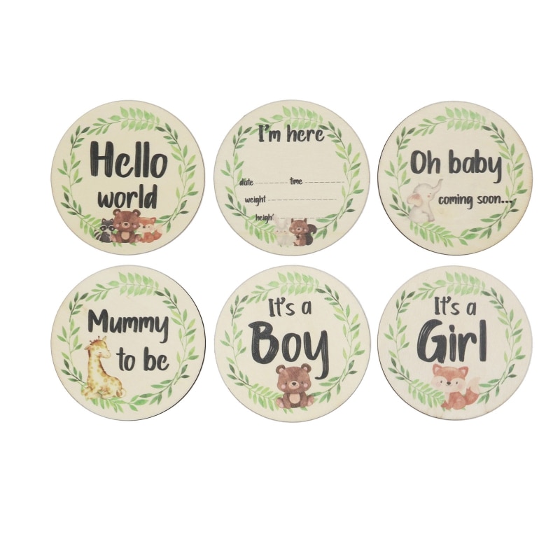 6Pcs Cartoon Animal Leaves Printed Gender/Month Wooden Cards Baby Milestone Card