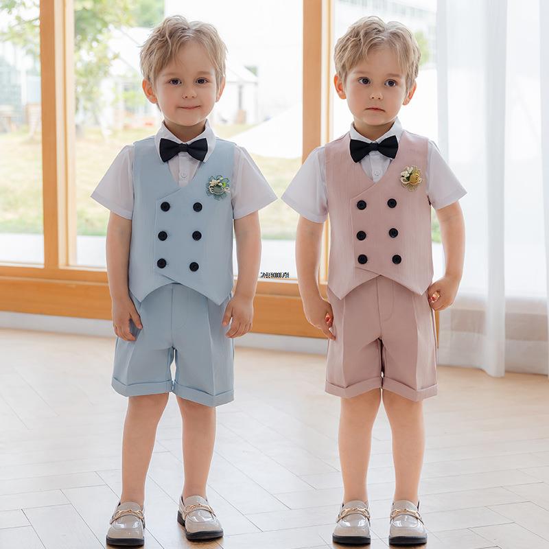 Boys Summer Vest Pants Bowtie Photography Suit Children Formal Wedding Dress Baby Kids Performance Set Birthday Ceremony Costume