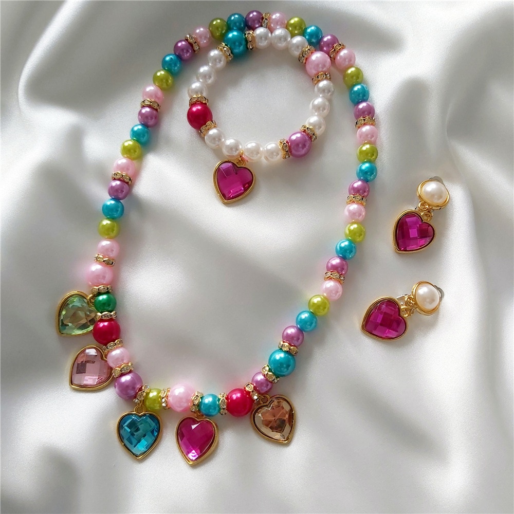 Children's Love Gem Necklace Fantasy Princess Rainbow Bracelet Earrings Jewelry Set