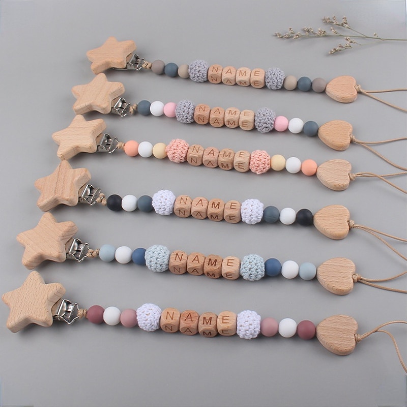 Ins Personalized Name DIY Baby Pacifier Clip Chain Star Wooden Silicone Teethers Dummy Nipple Holder Clips Teething Toy BPA Free