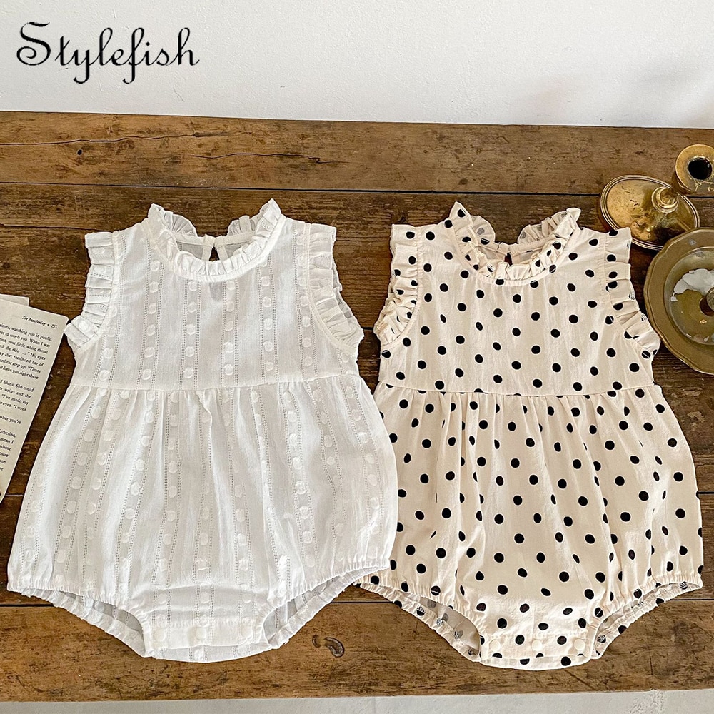 INS Summer New Baby Sleeveless Romper Round Dot Standing Collar Wrap Fart Coat Cotton Girl 100 Day Old Creeper