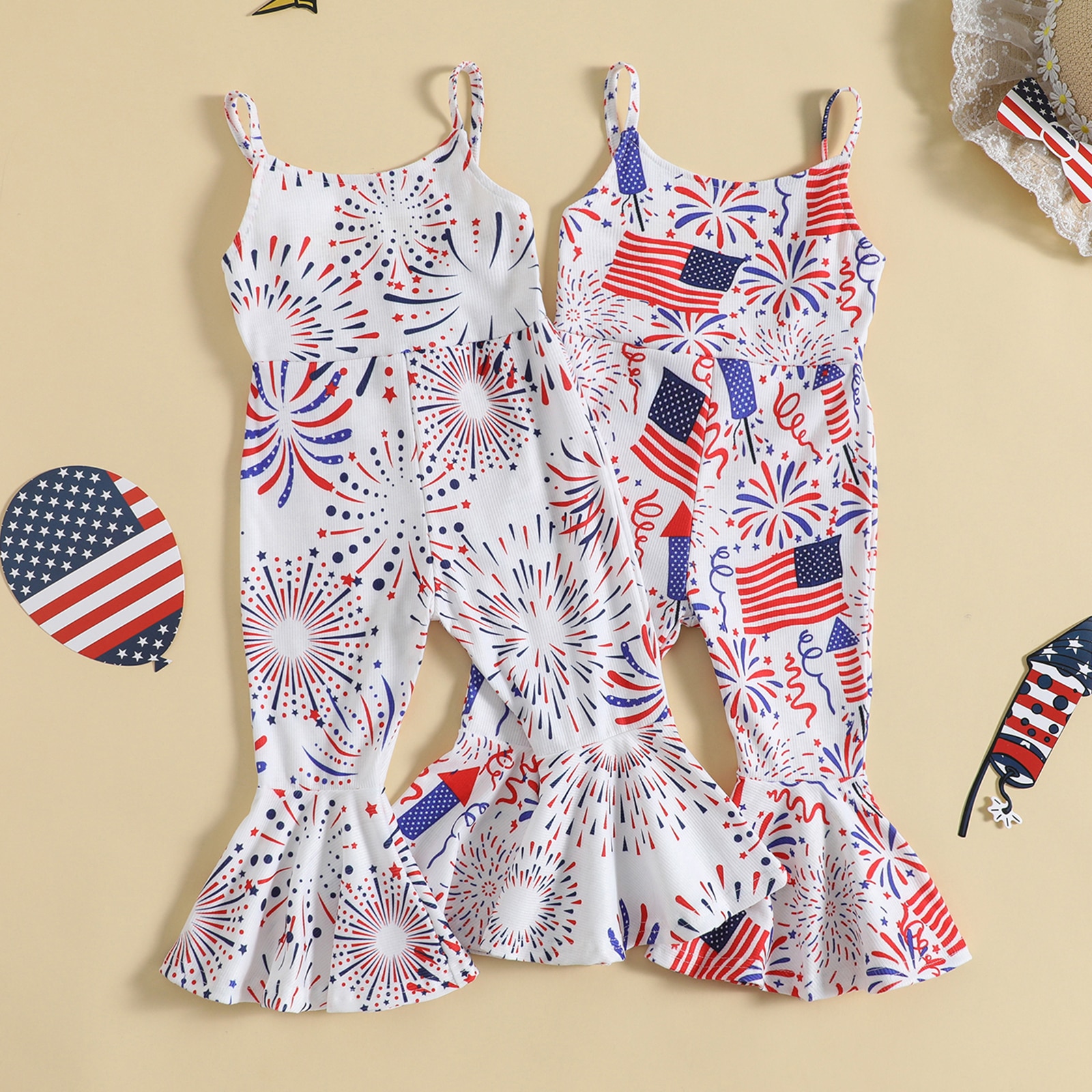 Toddler Kids Girls Independence Day Jumpsuits 1-5Y Summer Children Baby Print Sleeveless O-neck Rompers Jumpsuits Flare Pants