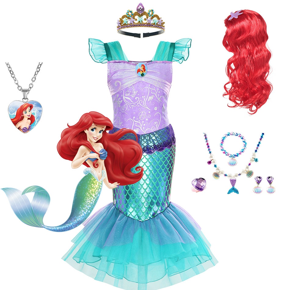 Disney Girl Princess Mermaid Ariel Costume Children Puff Dress Halloween Carnival Performance Vestidos Kid Girl Cosplay Outfits