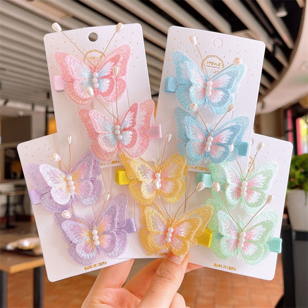 2Pcs Girl Butterfly Hair Clip Imitation Pearl Hairpin Kids Sweet Barrettes Bobby Pin Headwear Hair Accessories