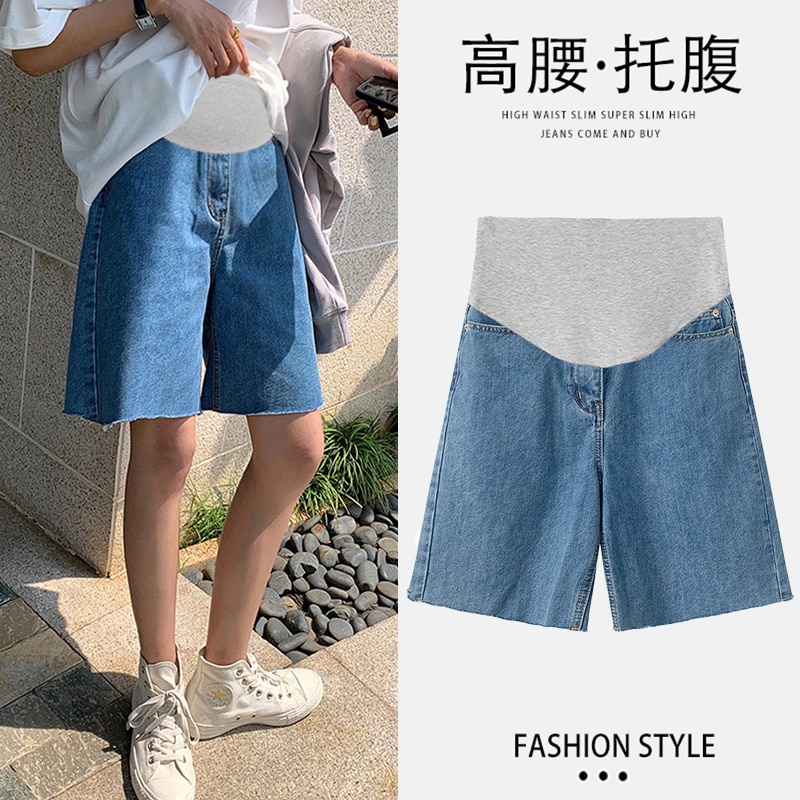 8074# Summer Casual Denim Maternity Half Jeans 1/2 Shorts Clothes for Pregnant Women Pregnancy Wide Leg Loose Straight Pants