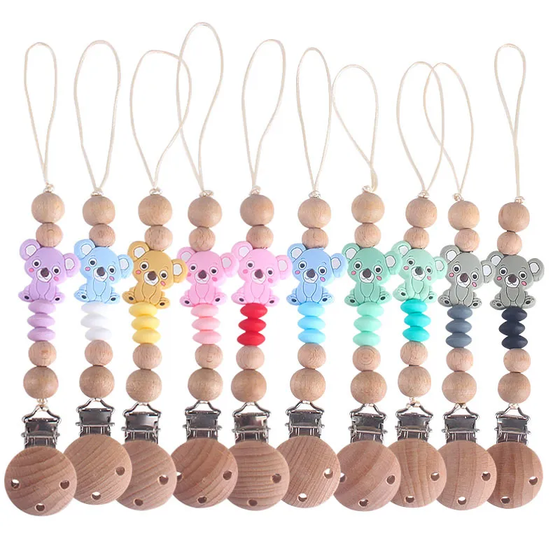 Handmade Beech Wooden Baby Pacifier Clip Cartoon Silicone Koala Teething Beads Baby Pacifier Chain Teether Toy Chew Gift