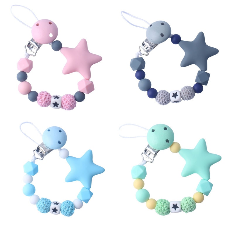 Pentagram Silicone Baby Pacifier Chain Wood Pacifier Clips Infant Nipple Appease Soother Chain Clip Dummy Holder Nipple Clips