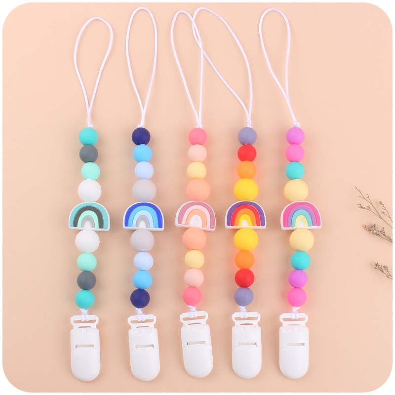 Food Grade Silicone Beads Pacifier Chain Newborn Baby Rainbow Pacifier Nipple Plastic Holder Clips Chew Teether Leash Strap