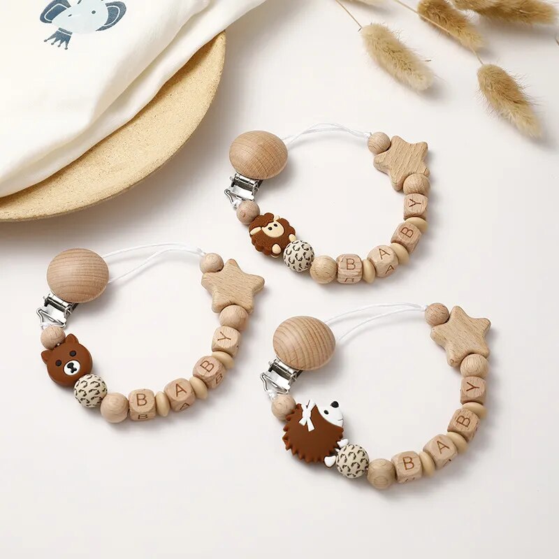 INS Baby Pacifier Clip Chain Wooden Dummy Nipple Holder Clips Silicone Bear Koala Animal Teethers Newborn Teething Toys BPA Free