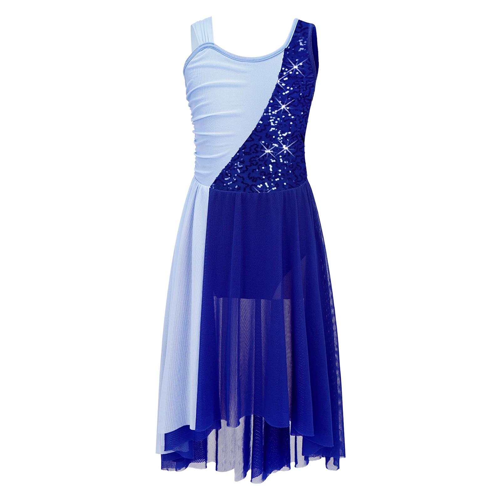 Kids Girls Modern Lyrical Ballet Gymnastic Leotard Dress Sleeveless Shiny Sequins Irregular Hem Contemporary Dance Dresses