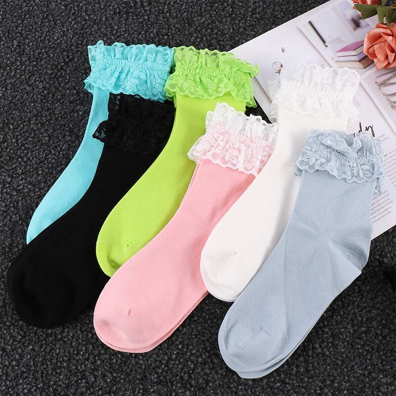 Lolita Japanese Style Maiden Women Lace Mesh Black White Cotton Socks Lovely Short Socks Harajuku Frilly Ruffle Princess Sock