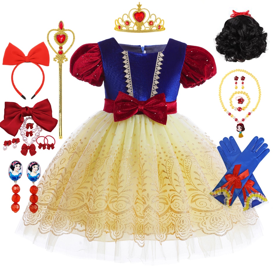 Disney Snow White Dress for Girls Glitter Tulle Lace Bow Princess Dress Kids Birthday Party Dress Luxury Outfits Girls Vestidos