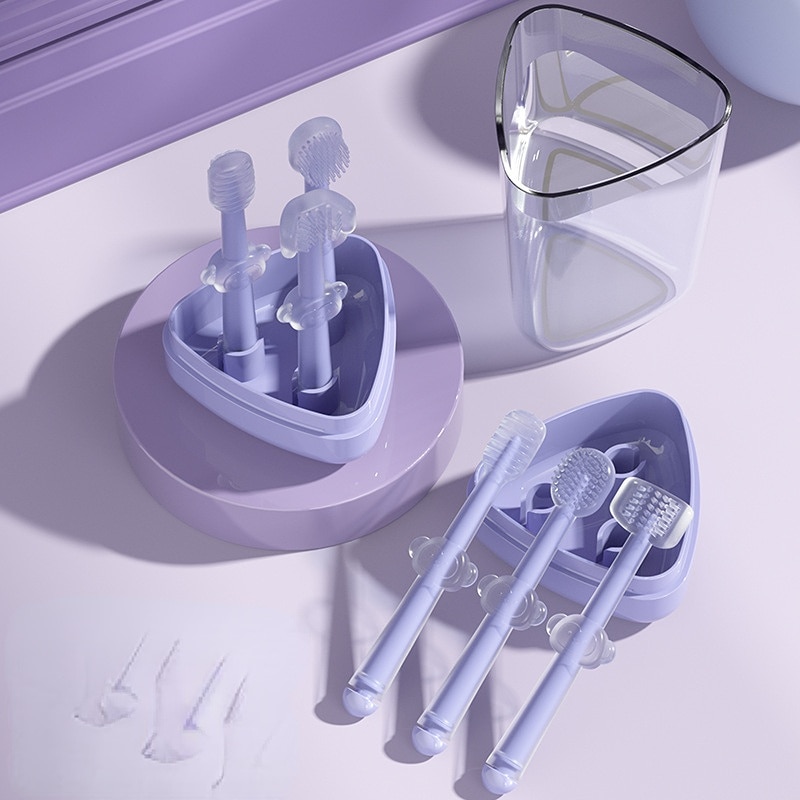 3pcs Baby Teeth Oral Care Cleaning Set Infant Silicone Toothbrush Kids 360 Degree Soft Oral Tongue Coating Care Cleaning Board
