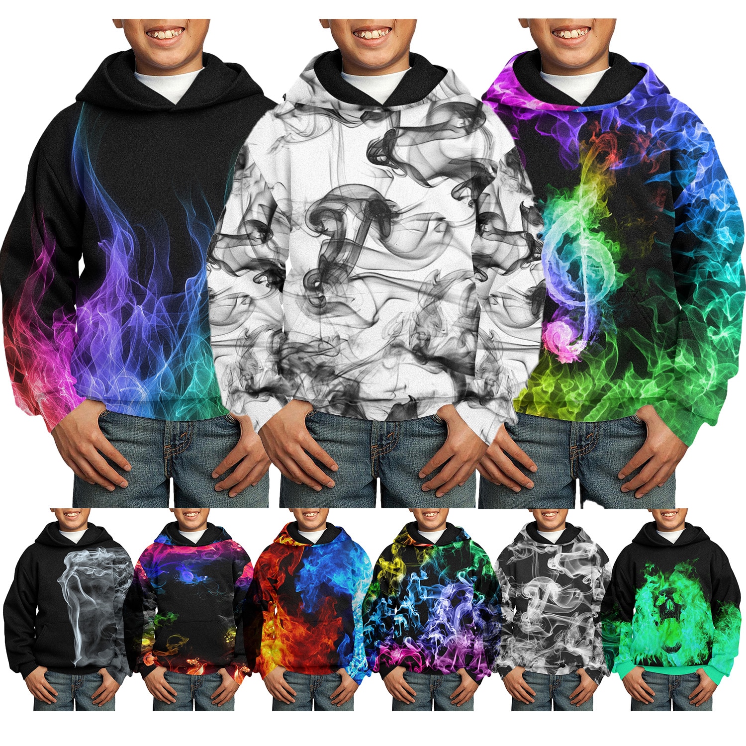 New Children'S Brushed Sweater 3d Cool Multi-Color Flame Personality Print Fashion Casual Warm Boy Drawstring Hooded Sweate