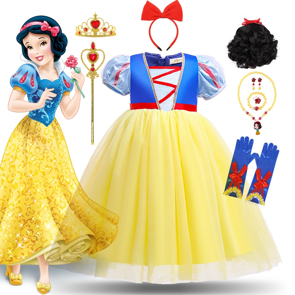 2-10Y Disney Princess Snow White Dress for Girl Kids Costume Vestidos Carnival Lace Ball Gown Girl Dress Birthday Party Dress