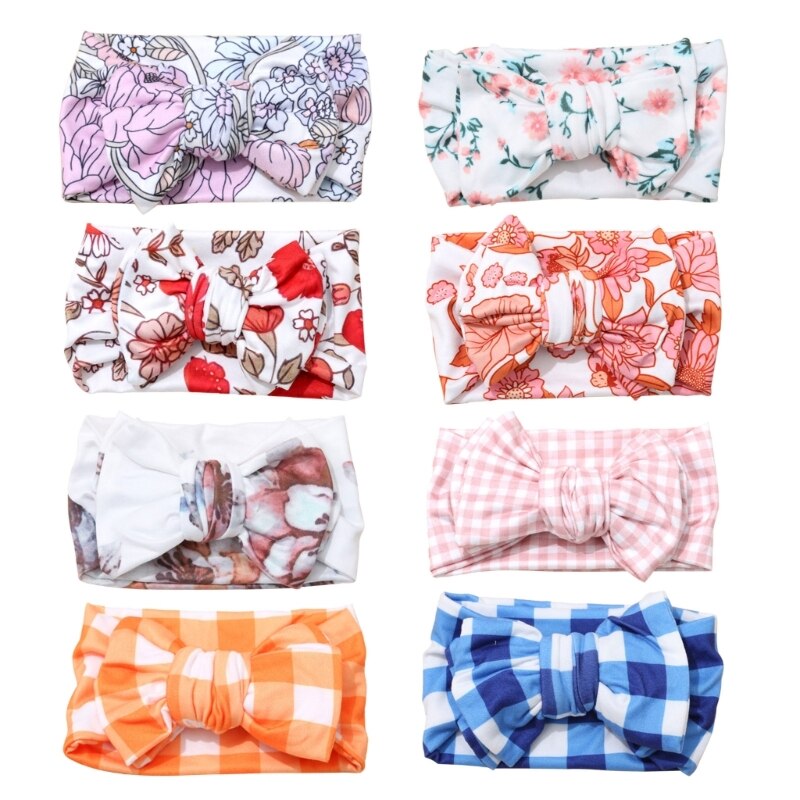 K5DD Elastic Bowknot Headband Flower Print Children Wide Hair Bands Summer Headwear