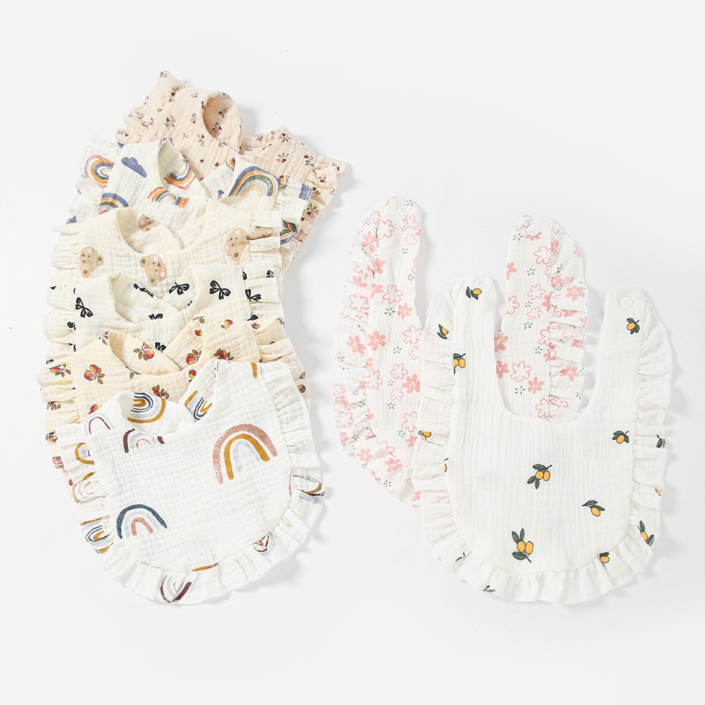 Baby Saliva Towel Ruffled Bib Baby Cotton Printed Gauze Lace Bib Newborn Bib Baby Feeding Accessories Baby Towels Baby Bibs