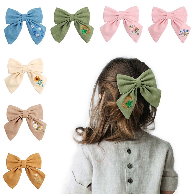 2023 Children's Headwear Cotton Linen Fabric Baby Bow Girl Hairpin Exquisite Embroidery Kids Bow Hair Clips Accessories Gif