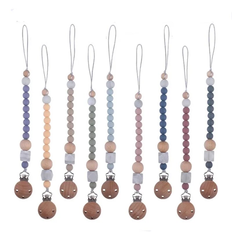 BPA Free Silicone Dummy Soother Chain Beech Wood Clips Holder Newborn Teething Toy Baby Teether Chew