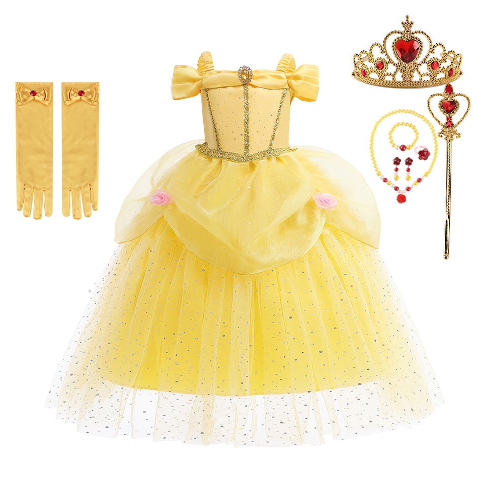 Kids Beauty And The Beast Cosplay Belle Cotume Girl Halloween Cosplay Belle Dress Children Wedding Party Sequins Dresses 3-10Y