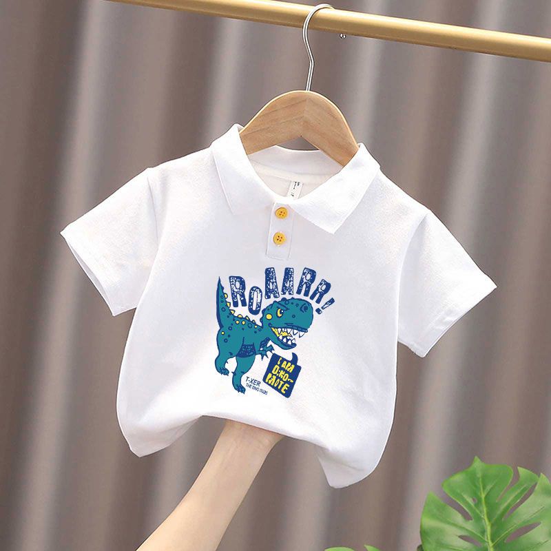 100 Cotton Children's Wear Boy's White Polo Shirt Summer Dinosaur Cartoon 2023 Kids Short Sleeve T-shirt Baby's L