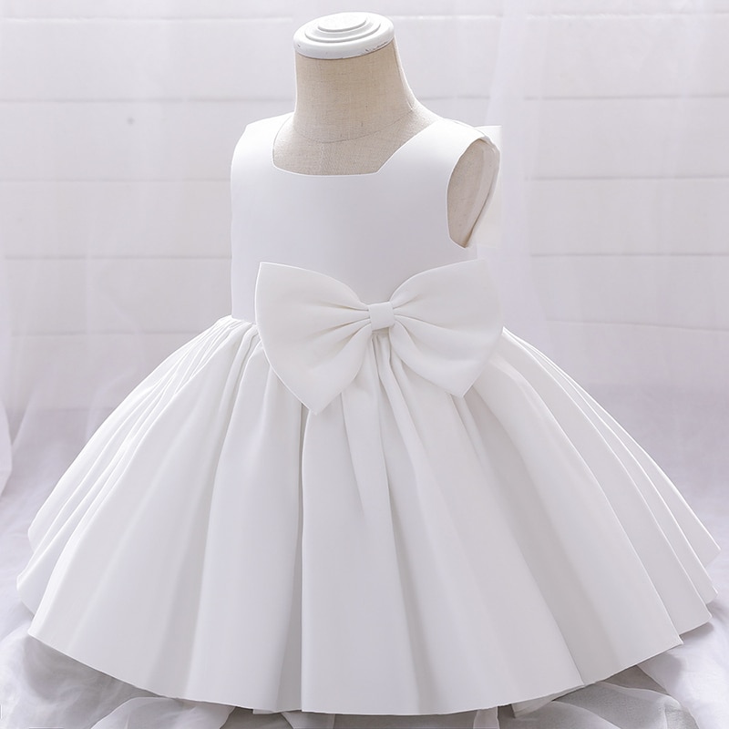 Satin Girls' Birthday White Dress Little Girls Dresses for Party and Wedding Bridesmaid Bow Dresses Princess Evening Clothe