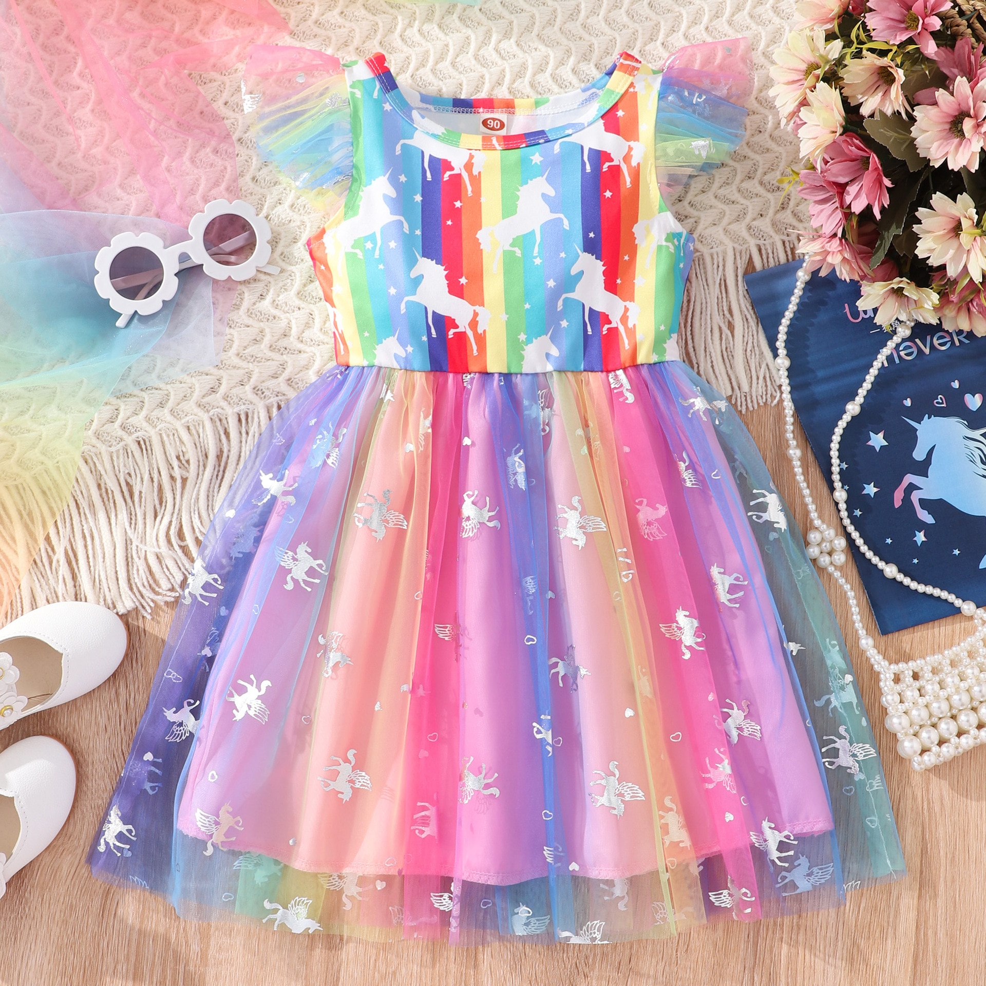 2023 Summer Fly Sleeves Unicorns Printed Mesh Dress 1-6Years Kids Tutu Dress Girls Party Vestidos Rainbow Cartoon Children Dress