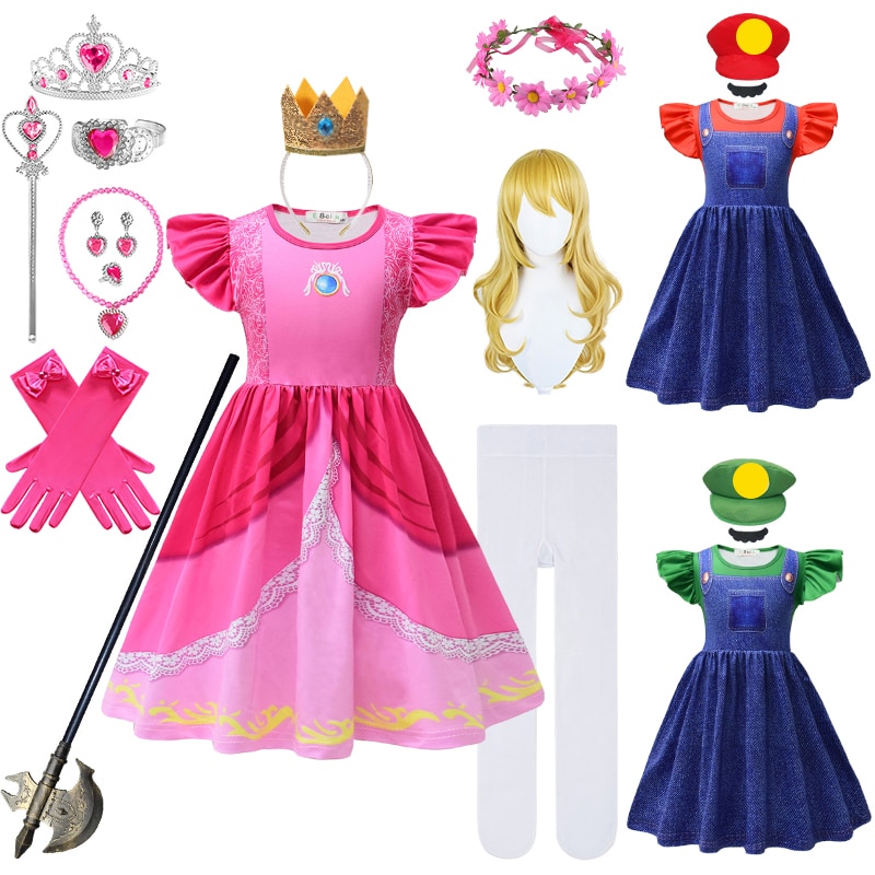 2023 Bros Movie for Girls Cowboy Princess Peach Dress Halloween Children Birthday Party Gown Denim Bib Pants Print Luigi Costume