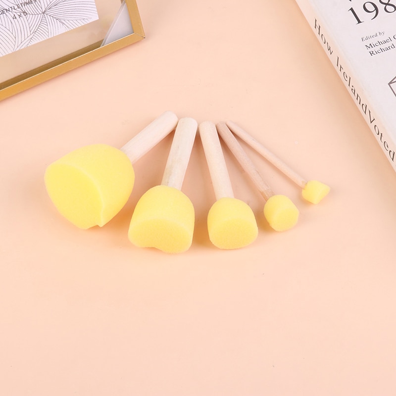 5Pcs Wooden Handle Sponge Paint Brush Kids Children Flower Graffiti Art Drawing Painting Toys Tool School Stationery Supplies