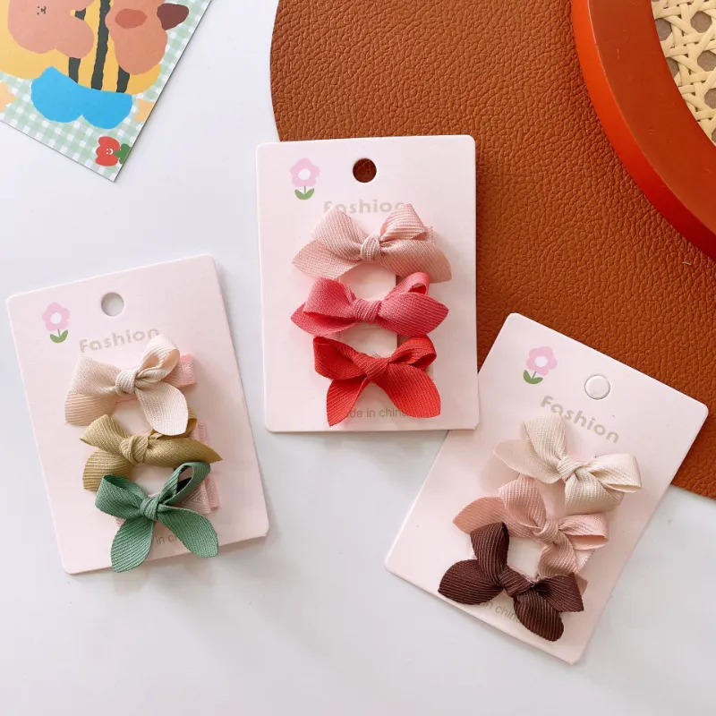 3pcs Mini Hair Clip for Baby Girl European Style Solid Color Princess Bowknot Hairpin for Kids Girl Full Fabric Bang Side Clip
