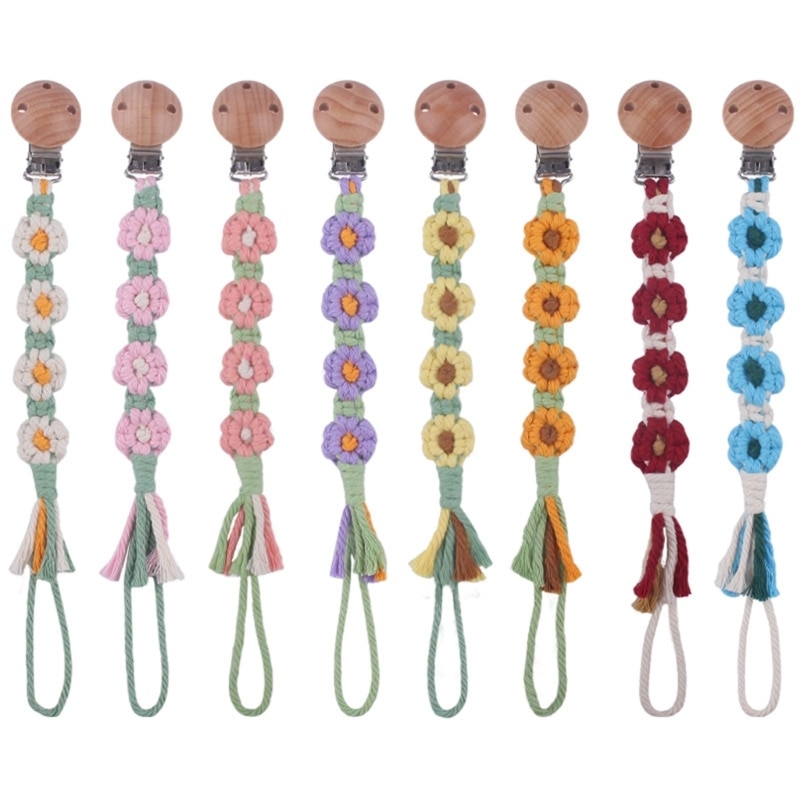 Upgraded Cartoon Beech Pacifier Clip 4 Flowers Hand-Woven Pacifier Chain Gift