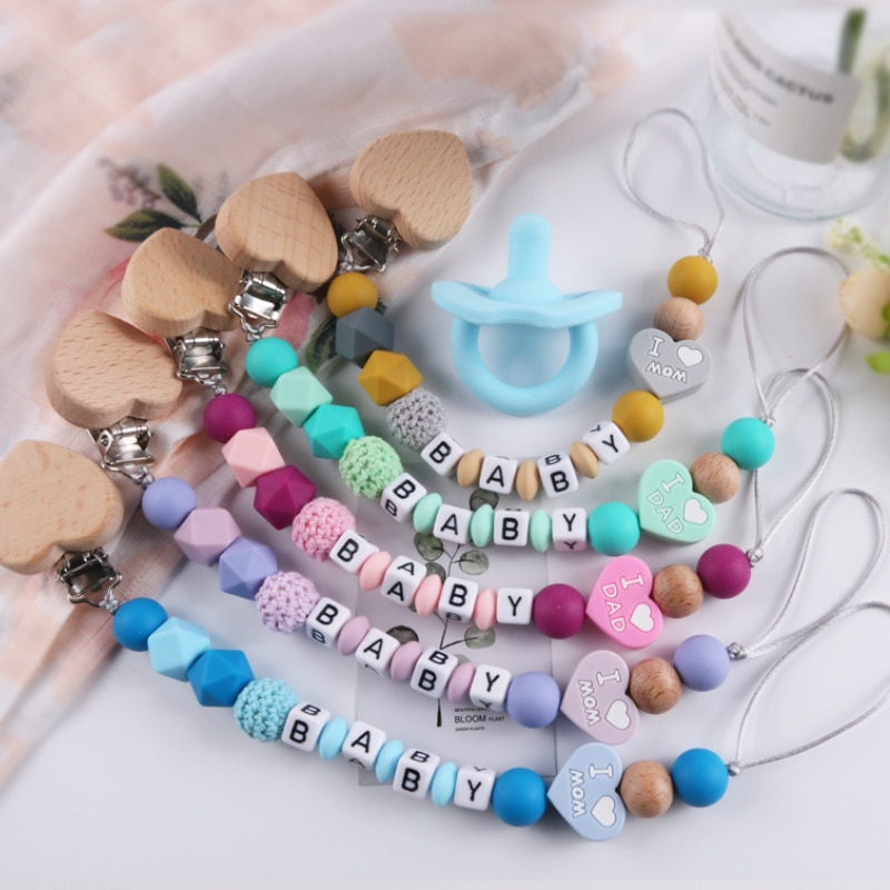 DIY Personalized Name Baby Pacifier Clips Chain Heart Wood Silicone Bead Teethers Dummy Nipple Holder Clip Newborn Teething Toys