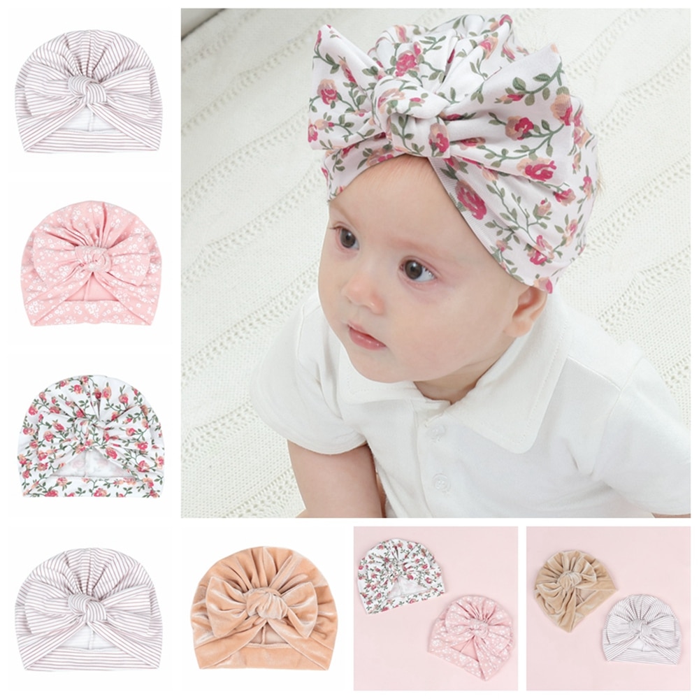 New Cotton Bow Knot Printed Flower Stripe Turban Hat Cap Beanie Baby Girls Toddlers Newborns Infants Kids Hair Accessories Gifts