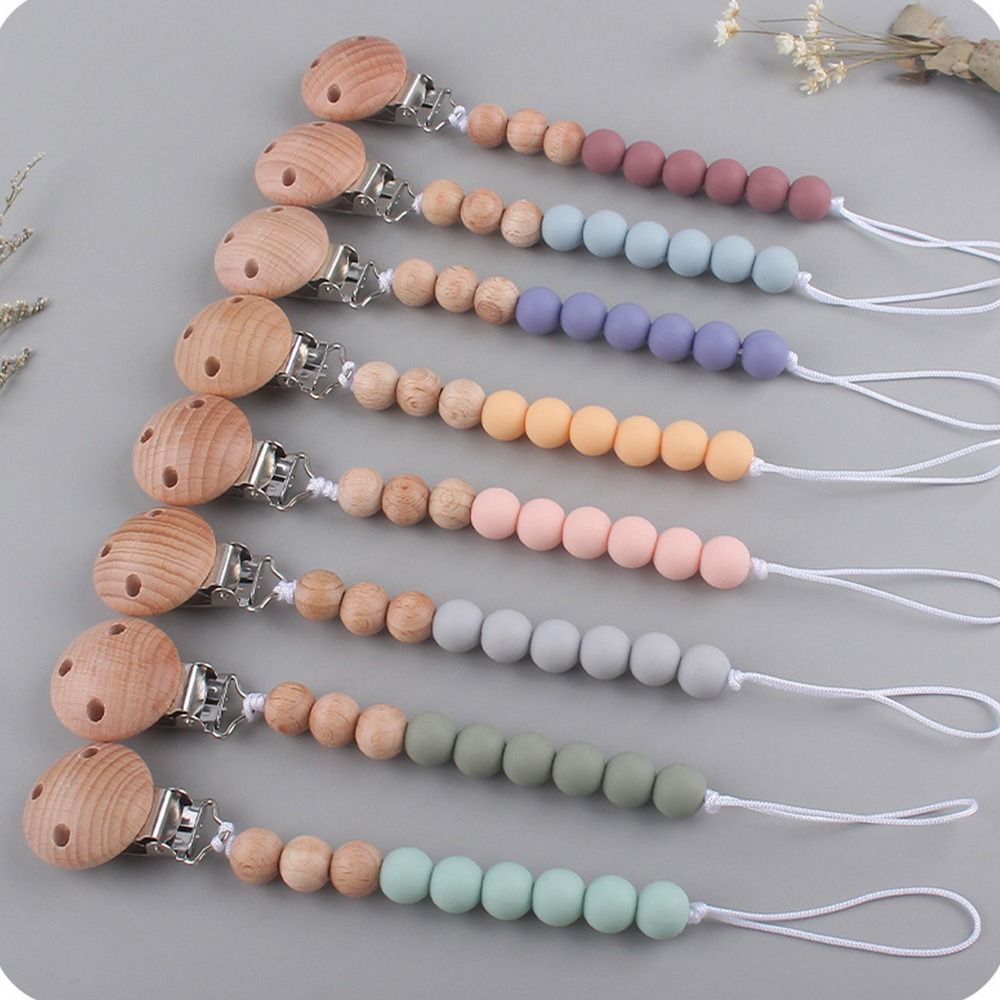 Pacifier Clips Chain Silicone Beads BPA Free DIY Wood Dummy Clip Holder Soother Chains Baby Teething Toys Chew Baby Gifts