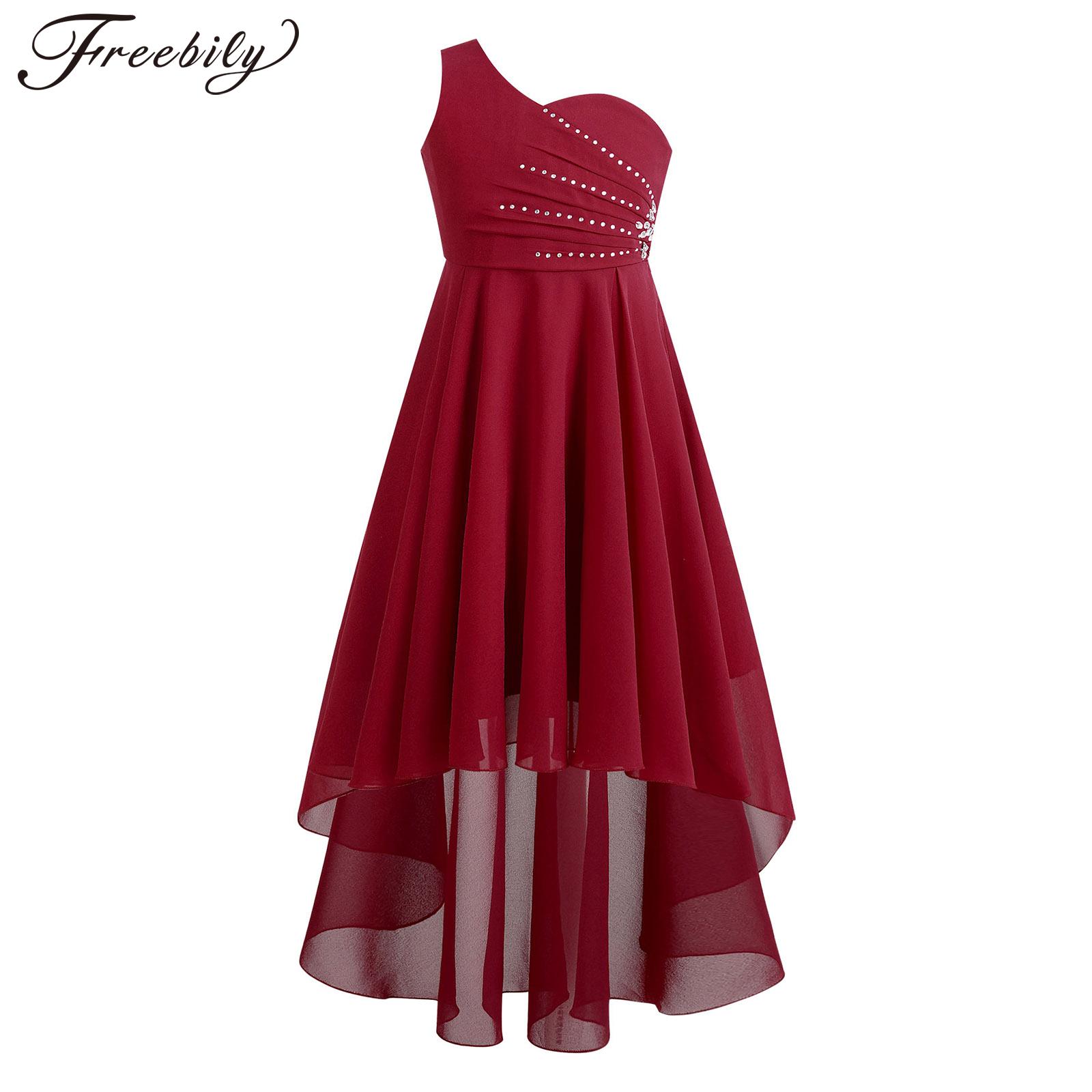 Kids Flower Girls Dress Rhinestones Beaded Birthday Party Formal Dress Sleeveless One Shoulder High-Low Chiffon Summer Dress